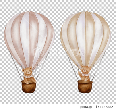 Watercolor beige pink Air Balloons with basket and bears. Hand drawn illustration for Children design in Cartoon style. Vintage Aircraft with hot air for icon or logo in pastel colors for kids. 134487882