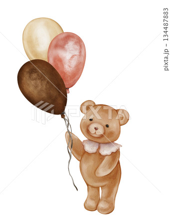 Watercolor Cute Teddy Bear Holding Balloon bunch. Valentine Brown bear toy with vintage Jabot collar. Illustration hand drawn in retro style on isolated background for design greeting cards. Watercolor Cute Teddy Bear Holding Balloon bunch. Valentine Brown bear toy with vintage Jabot collar. Illustration hand drawn in retro style on isolated background for design greeting cards. 134487883