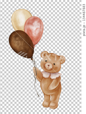 Watercolor Cute Teddy Bear Holding Balloon bunch. Valentine Brown bear toy with vintage Jabot collar. Illustration hand drawn in retro style on isolated background for design greeting cards. Watercolor Cute Teddy Bear Holding Balloon bunch. Valentine Brown bear toy with vintage Jabot collar. Illustration hand drawn in retro style on isolated background for design greeting cards. 134487883