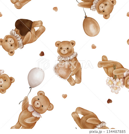 Seamless pattern with Watercolor Cute Teddy Bear Holding balloon and heart. Repeat ornament with Valentine Brown bear toy with vintage Jabot collar and daisy. Illustration hand drawn on isolated. 134487885
