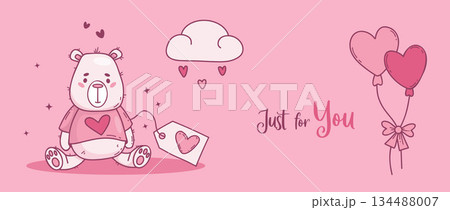 Cute Pink Teddy Bear with Gift Tag and Heart Balloons. Vector Illustration Banner. Horizontal Valentines Day Background and Header Template. Not AI Cute Pink Teddy Bear with Gift Tag and Heart Balloons. Vector Illustration Banner. Horizontal Valentines Day Background and Header Template. Not AI 134488007