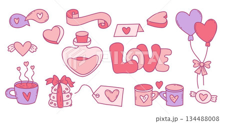 Love Doodle Set. Isolated Pink Valentines Day Gift and Heart Hand Drawn Elements. Comprehensive Collection for Romantic Design. Vector Illustration. Not AI 134488008