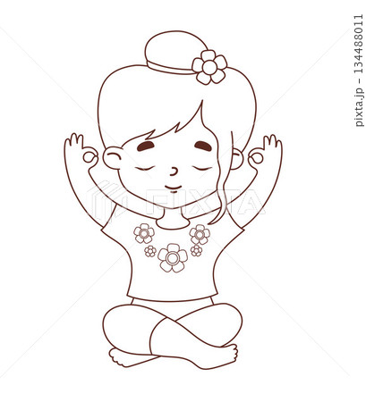 Outline Cute Cartoon Girl Meditating. Kids Yoga. Adorable Character Yogi. Line drawing, coloring book. Concept Mental Health, Sport and Hobbies. Vector illustration. Not AI Outline Cute Cartoon Girl Meditating. Kids Yoga. Adorable Character Yogi. Line drawing, coloring book. Concept Mental Health, Sport and Hobbies. Vector illustration. Not AI 134488011