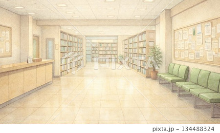 無人の図書館ロビー 静かな公共施設の内観イラスト 134488324