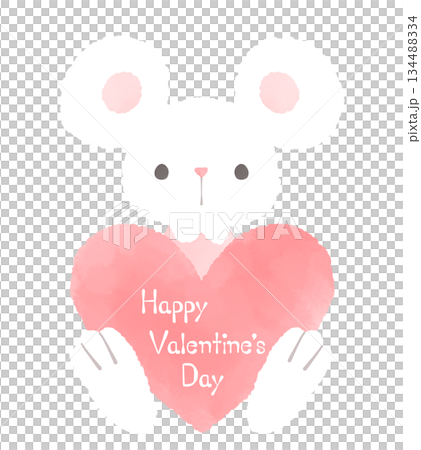 Valentine's Day illustration of a mouse holding a pink heart 134488334