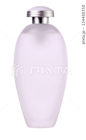 Frosted cosmetic bottle with silver cap on transparent background Frosted cosmetic bottle with silver cap on transparent background 134488358