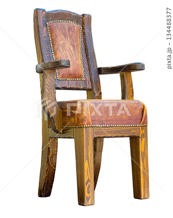 Rustic wooden armchair with studded leather upholstery 134488377