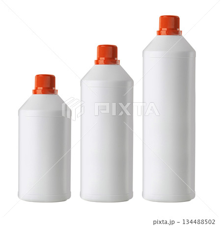 Three white plastic bottles with orange caps, transparent background 134488502
