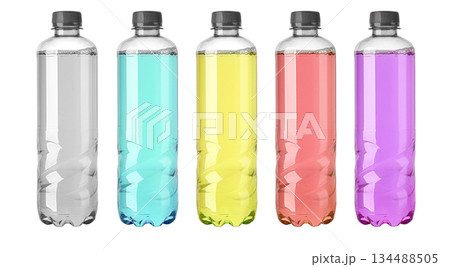 Refreshing colorful plastic soda drink bottles with transparent background 134488505