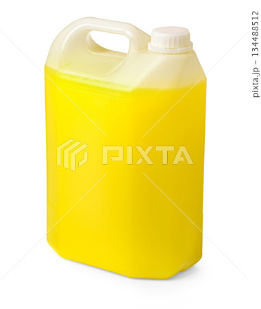 Plastic container with yellow liquid detergent isolated Plastic container with yellow liquid detergent isolated 134488512