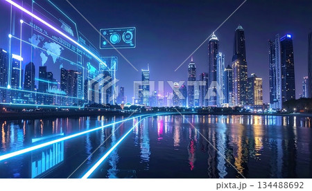 《AI画像》フォログラムが宙に浮かぶ未来の都市風景 134488692