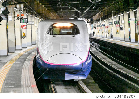 ホームに入線してくる上越新幹線E2系 ホームに入線してくる上越新幹線E2系 134488807