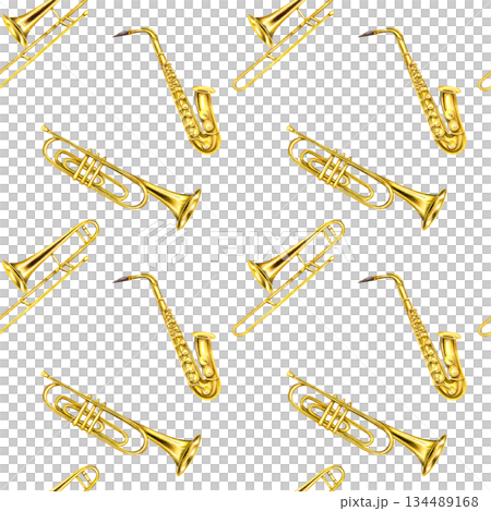 Watercolor musical classical brass trumpet, trombone and saxophone seamless pattern on isolated background. Hand painted jazz metallic golden instruments illustration for your design, textile, print. 134489168
