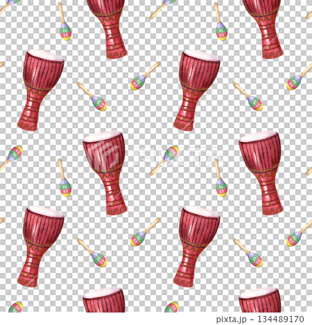 Djembe drum with two colored maraca shakers watercolor illustration isolated background. Traditional Latin and Caribbean music percussion instruments for Mardi Gras, Mexican greeting card 134489170