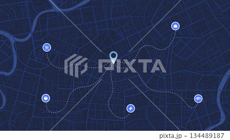 Dark blue city map with central location pin connected to nearby amenities icons. Urban geography plan with points of interest symbols. Vector illustration. 134489187