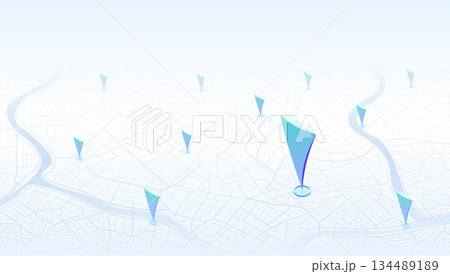 Isometric white city map with scattered blue 3D location pins and river. Vector illustration. Isometric white city map with scattered blue 3D location pins and river. Vector illustration. 134489189