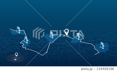 Fast supercharger station. Path turns and destination tag or mark. Huge city top view Tracking path, route. Vector illustration 134489196