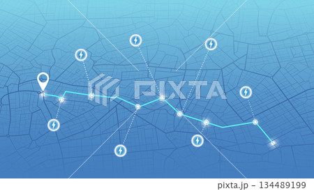 Location EV charging station location mark on gps navigation map a lot with fast supercharger station. Path turns and destination tag or mark. Tracking path, route. Vector illustration 134489199