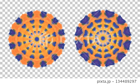 Abstract watercolor paint mandala ornament in vibrant orange and blue tones with symmetrical circular geometry. Isolated on transparent background colorful decorative radial element with clean edges. 134489297