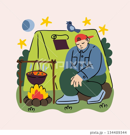 Camping tourism. Man resting in tent at night, cooking on campfire, peaceful relax outdoor travel in forest. Hiker adventures. Happy traveler character. Vector cartoon flat style isolated illustration Camping tourism. Man resting in tent at night, cooking on campfire, peaceful relax outdoor travel in forest. Hiker adventures. Happy traveler character. Vector cartoon flat style isolated illustration 134489344