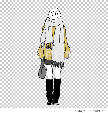 一位裹著蓬鬆圍巾的女士，身著冬裝，色彩繽紛，色彩鮮豔。 134489346