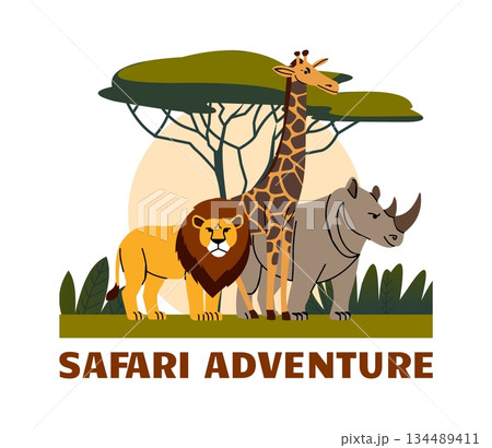 Animal adventure. Zoo park label. Safari nature. African fauna wildlife. Giraffe and lion. Wild rhinoceros. Wilderness scene. Savannah panorama. Travel in Africa. Wild mammals. Vector banner design Animal adventure. Zoo park label. Safari nature. African fauna wildlife. Giraffe and lion. Wild rhinoceros. Wilderness scene. Savannah panorama. Travel in Africa. Wild mammals. Vector banner design 134489411