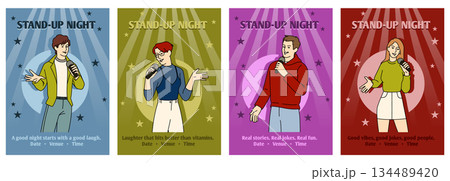 Comedy show. Monologue on stage. Artists club. Woman and man with microphone. Humorous performance. Joke stories of speakers. Show promotion, event flyer. Vector cartoon flat isolated illustration 134489420