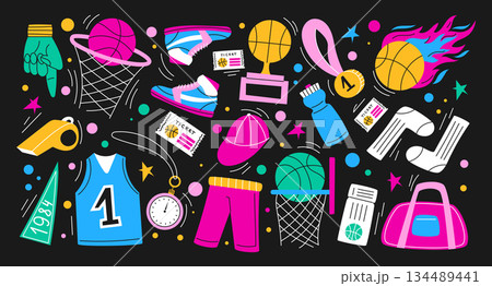 Basketball retro sport. Game stickers. Orange sphere ball, athlete with sneakers. Doodle field, basket, hand and flag. Baseball cap, gold medal. Vector training garish cartoon flat isolated graphic 134489441