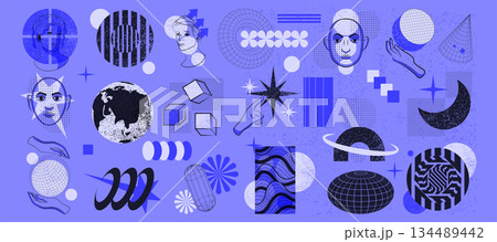 Y2k cyberpunk. Retro futuristic. Graphic decorative element. Brutalism, bitmap texture, halftone noise. Tattoo human face. Planet, globe icon, stars and moon. Vector vintage garish logo isolated set Y2k cyberpunk. Retro futuristic. Graphic decorative element. Brutalism, bitmap texture, halftone noise. Tattoo human face. Planet, globe icon, stars and moon. Vector vintage garish logo isolated set 134489442