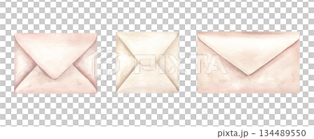 Watercolor rectangle and square envelopes for letters warm sand color clip art illustration on isolated background. Three beige closed paper letters. For designing wedding invitations, website headers 134489550