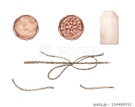 Watercolor vintage elements for sealing and decorating clip art on isolated background. Wax seals, tag, twine with bow illustration. Elements for wedding invitation, packaging design, gift wrapping. 134489552