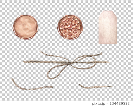 Watercolor vintage elements for sealing and decorating clip art on isolated background. Wax seals, tag, twine with bow illustration. Elements for wedding invitation, packaging design, gift wrapping. 134489552