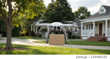 E-Commerce Delivery - Drone Delivering Package to Suburban Home A drone is flying toward a suburban home, carrying a small 134490191