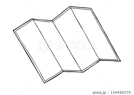 Blank sheet of paper folded in four parts vector isolated illustration. Clean template line art black ink sketch for creating travel guides, event programs, restaurant menus, or creative brochures Blank sheet of paper folded in four parts vector isolated illustration. Clean template line art black ink sketch for creating travel guides, event programs, restaurant menus, or creative brochures 134490579