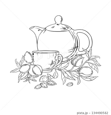 Almond Tea in Teapot Outline Illustration. Almond Tea in Teapot Outline Illustration. 134490582