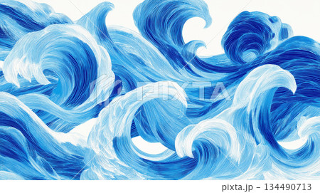 筆致で描かれた力強い青い波のイラスト 134490713