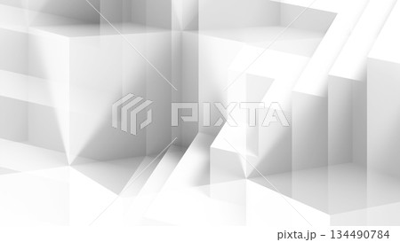 Abstract white minimalist scene featuring layered blocks and dramatic light stripes, 3d 134490784