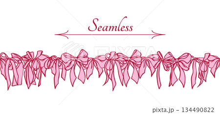 Pink Coquette Ribbon Bow seamless Border. Hand-Drawn Feminine Vintage Frame for wedding invitation, textile, seasonal designs, cards, web banner. Vector Illustration. 134490822