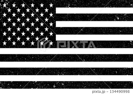 A distressed black and white rendering of the american flag design. A distressed black and white rendering of the american flag design. 134490998