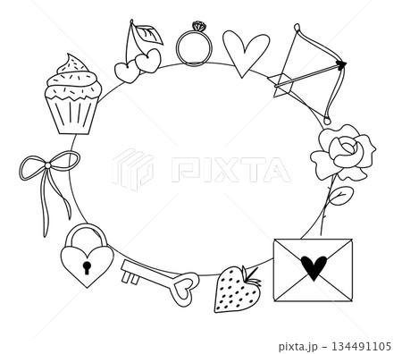 Valentine's Day Pink Heart and Bow Frame oval . Vector graphic line black and white illustration. For poster, invitation, backdrop, ad, sale promotion, print for t-shirt Valentine's Day Pink Heart and Bow Frame oval . Vector graphic line black and white illustration. For poster, invitation, backdrop, ad, sale promotion, print for t-shirt 134491105
