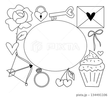 Valentine's Day Frame oval rectangle Vector graphic line black and white illustration. Perfect for spring holidays. With love. Hand drawn frame, greeting card. Vector illustration Valentine's Day Frame oval rectangle Vector graphic line black and white illustration. Perfect for spring holidays. With love. Hand drawn frame, greeting card. Vector illustration 134491106