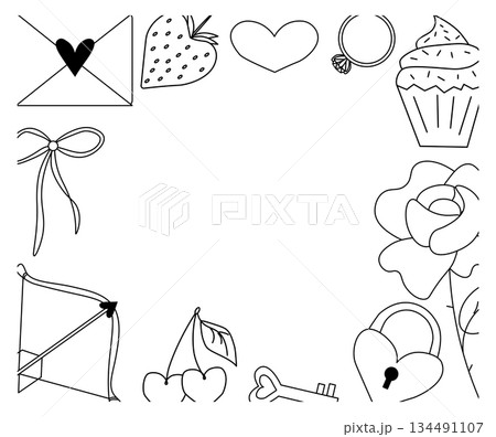 Valentine's Day Frame rectangle. Vector graphic line black and white illustration. Silhouette sign for logo, print, comics, fashion, pop art, boards, design, stickers, decoration, posters 134491107