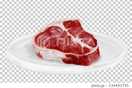Fresh raw beef steak on a white plate watercolor illustration. Food clip art. Hand-drawn organic cow meat on a white background. Perfect for cookbook design, restaurant menus, and butcher shop signs. 134491745