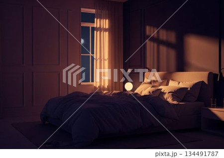 夜の静かな寝室 間接照明のある落ち着いた部屋 背景素材 夜の静かな寝室 間接照明のある落ち着いた部屋 背景素材 134491787