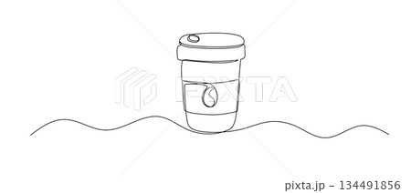 Coffee cup one line illustration. Hand drawn doodle vector sketch isolated on white 134491856