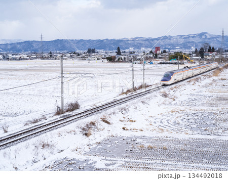 【山形線】冬の田園風景を走行する新幹線つばさ号 【山形線】冬の田園風景を走行する新幹線つばさ号 134492018