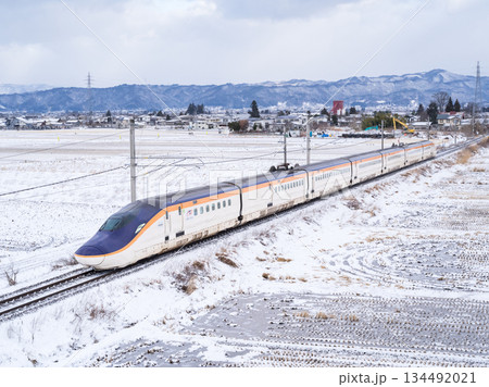 【山形線】冬の田園風景を走行する新幹線つばさ号 134492021