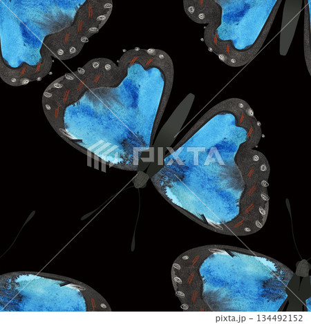 Butterfly. Blue Morpho. Seamless watercolor pattern for printing on fabric, textiles, wrapping paper, bags, notebooks and notepads. Trend for ss2026 Butterfly. Blue Morpho. Seamless watercolor pattern for printing on fabric, textiles, wrapping paper, bags, notebooks and notepads. Trend for ss2026 134492152