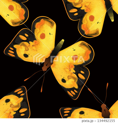 Butterfly. Orange Sulfur or Colias eurytheme. Seamless watercolor pattern for printing on fabric, textiles, wrapping paper, bags, notebooks and notepads. Butterfly. Orange Sulfur or Colias eurytheme. Seamless watercolor pattern for printing on fabric, textiles, wrapping paper, bags, notebooks and notepads. 134492155