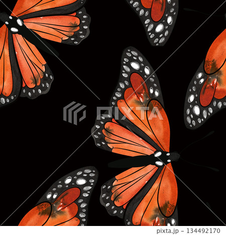Butterfly. Monarch butterfly or Danaus plexippus. Seamless watercolor pattern for printing on fabric, textiles, wrapping paper, bags, notebooks and notepads. Trend for ss2026 Butterfly. Monarch butterfly or Danaus plexippus. Seamless watercolor pattern for printing on fabric, textiles, wrapping paper, bags, notebooks and notepads. Trend for ss2026 134492170